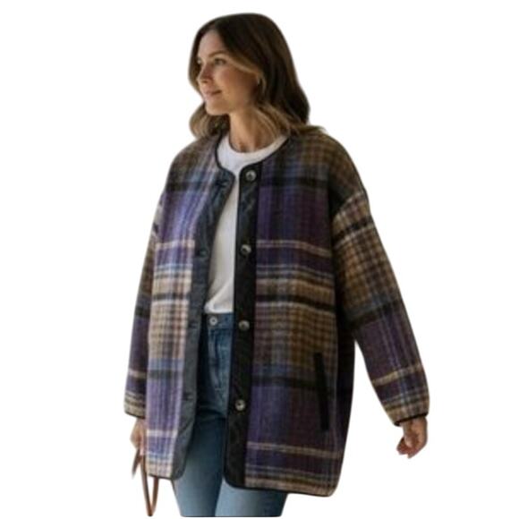 Aritzia Wilfred Free Plaid River Jacket Womens XS Purple Brown Check Button Down - Picture 1 of 13